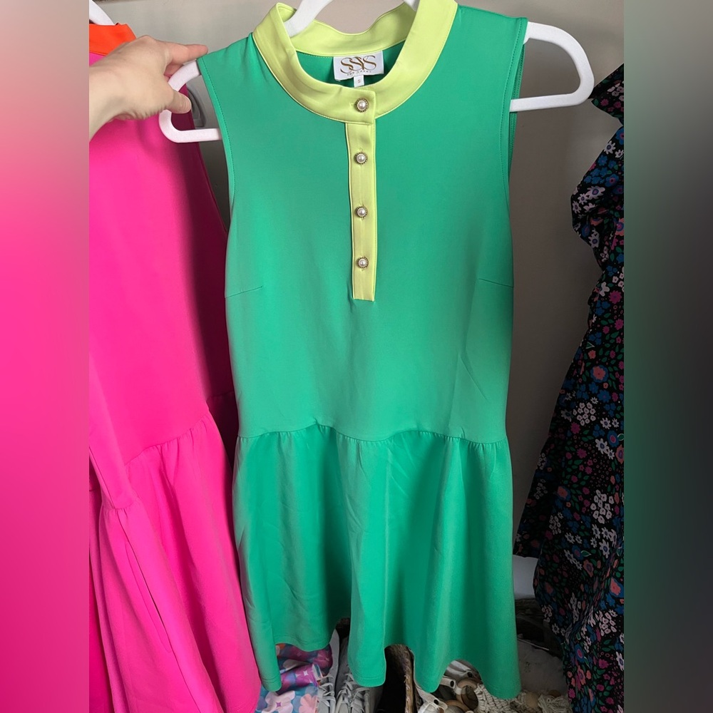 SSYS Sleeveless Green Drop-Waist Dress with Yellow Trim